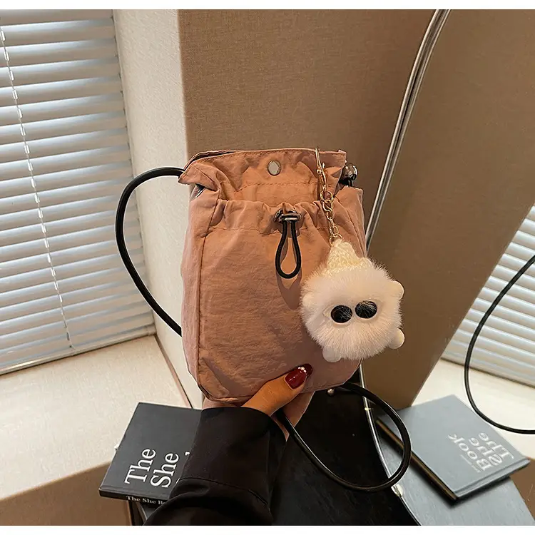 Lightweight Women's Drawstring Bag with Pom Pom Charm — feature 30