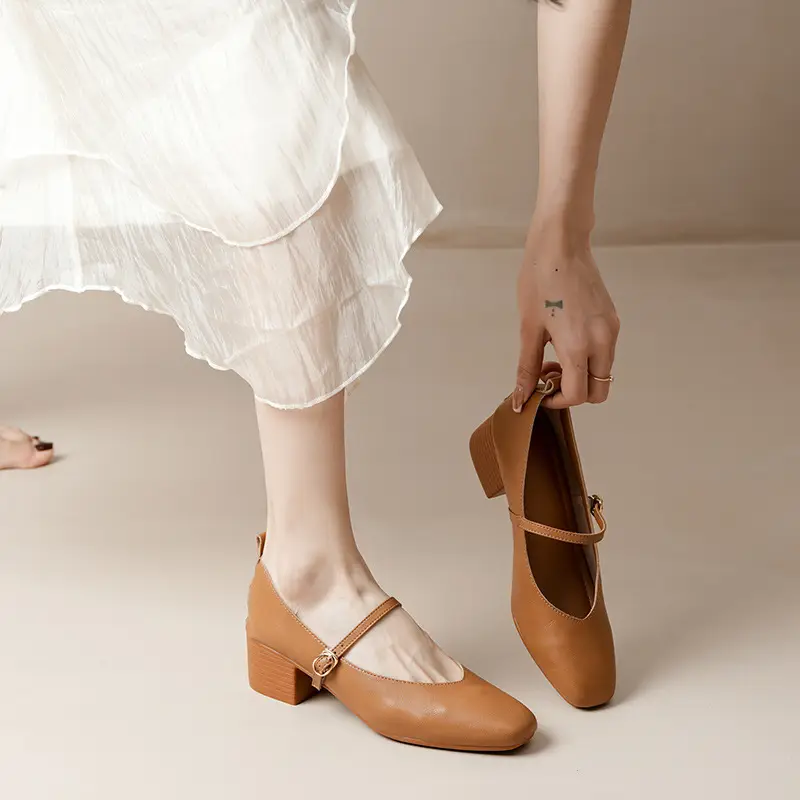 French-Style Buckle Strap Chunky Heel Mary Jane Shoes for Women, New Soft Leather Comfortable Flat Soft-Soled Shallow High-Heeled Shoes - Image 17