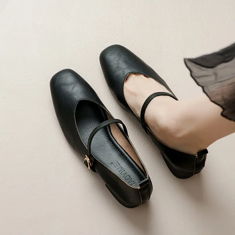 French-Style Buckle Strap Chunky Heel Mary Jane Shoes for Women, New Soft Leather Comfortable Flat Soft-Soled Shallow High-Heeled Shoes - Image 6