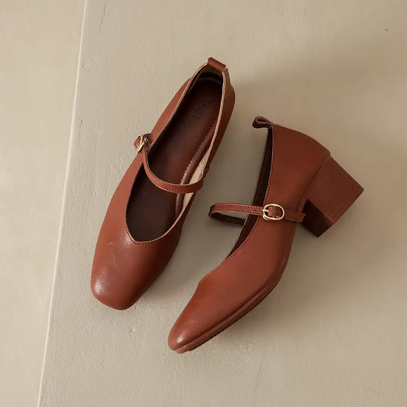 French-Style Buckle Strap Chunky Heel Mary Jane Shoes for Women, New Soft Leather Comfortable Flat Soft-Soled Shallow High-Heeled Shoes - Image 18