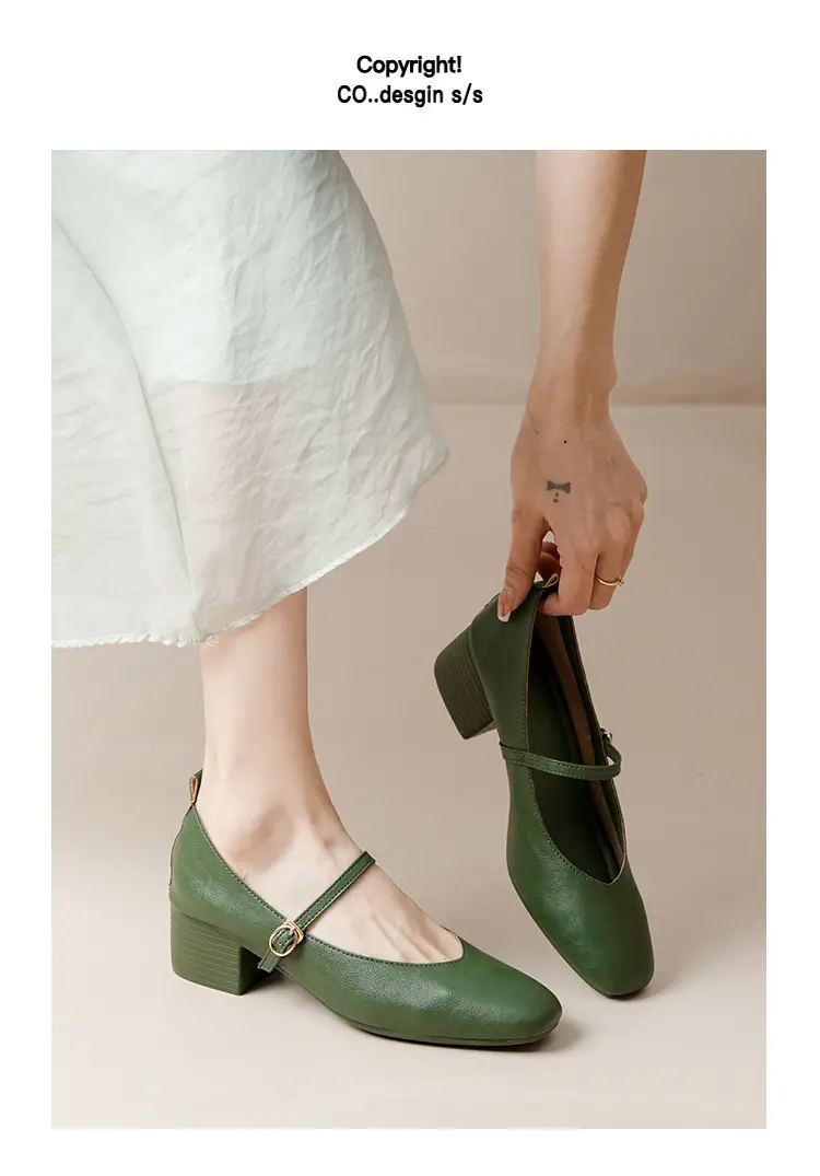 French-Style Buckle Strap Chunky Heel Mary Jane Shoes for Women, New Soft Leather Comfortable Flat Soft-Soled Shallow High-Heeled Shoes — feature 11