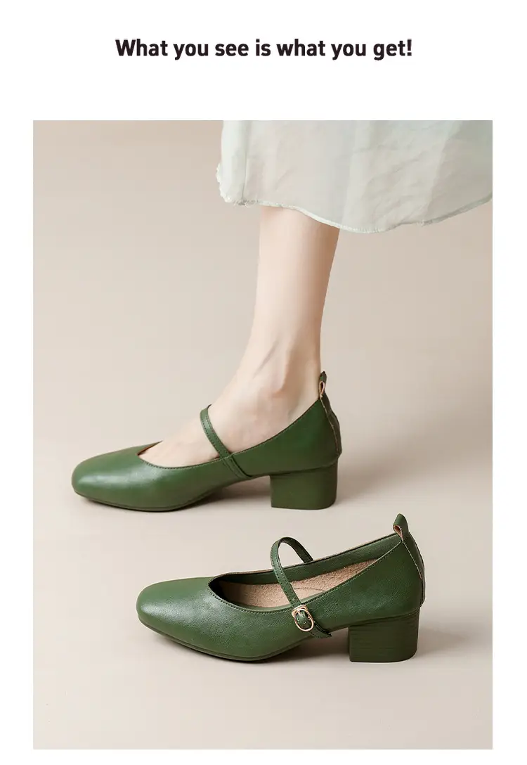 French-Style Buckle Strap Chunky Heel Mary Jane Shoes for Women, New Soft Leather Comfortable Flat Soft-Soled Shallow High-Heeled Shoes — feature 12