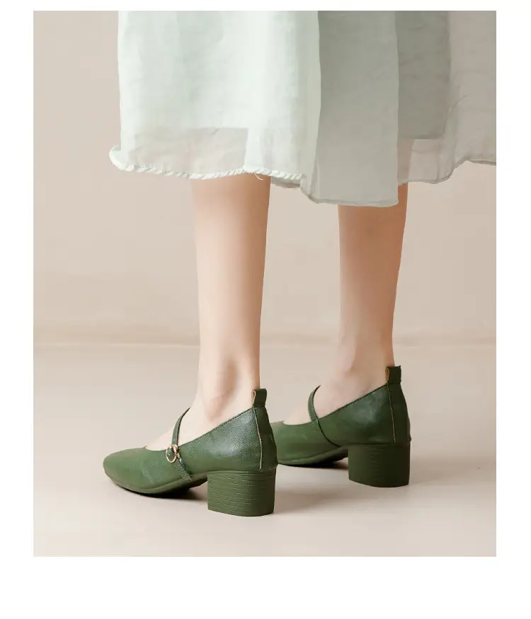 French-Style Buckle Strap Chunky Heel Mary Jane Shoes for Women, New Soft Leather Comfortable Flat Soft-Soled Shallow High-Heeled Shoes — feature 14