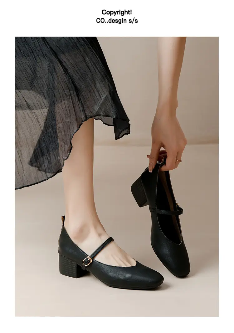 French-Style Buckle Strap Chunky Heel Mary Jane Shoes for Women, New Soft Leather Comfortable Flat Soft-Soled Shallow High-Heeled Shoes — feature 19