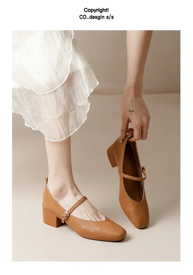 French-Style Buckle Strap Chunky Heel Mary Jane Shoes for Women, New Soft Leather Comfortable Flat Soft-Soled Shallow High-Heeled Shoes — feature 36