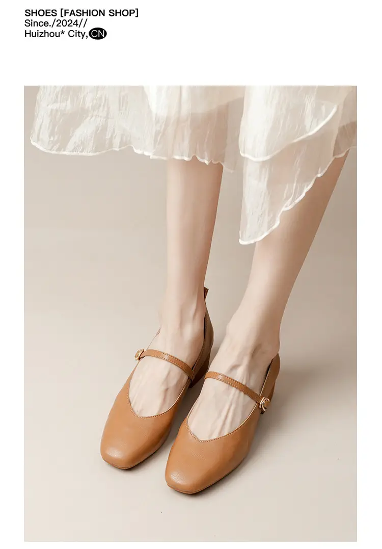 French-Style Buckle Strap Chunky Heel Mary Jane Shoes for Women, New Soft Leather Comfortable Flat Soft-Soled Shallow High-Heeled Shoes — feature 38