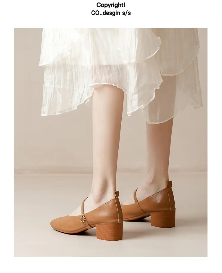 French-Style Buckle Strap Chunky Heel Mary Jane Shoes for Women, New Soft Leather Comfortable Flat Soft-Soled Shallow High-Heeled Shoes — feature 39