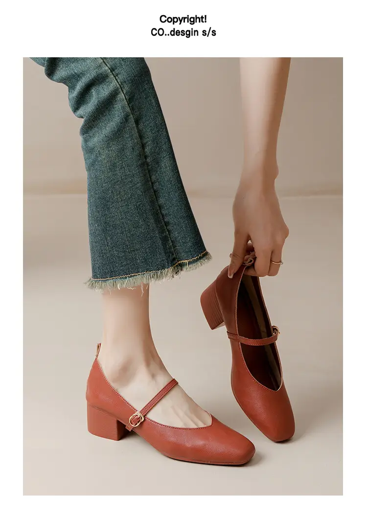 French-Style Buckle Strap Chunky Heel Mary Jane Shoes for Women, New Soft Leather Comfortable Flat Soft-Soled Shallow High-Heeled Shoes — feature 44