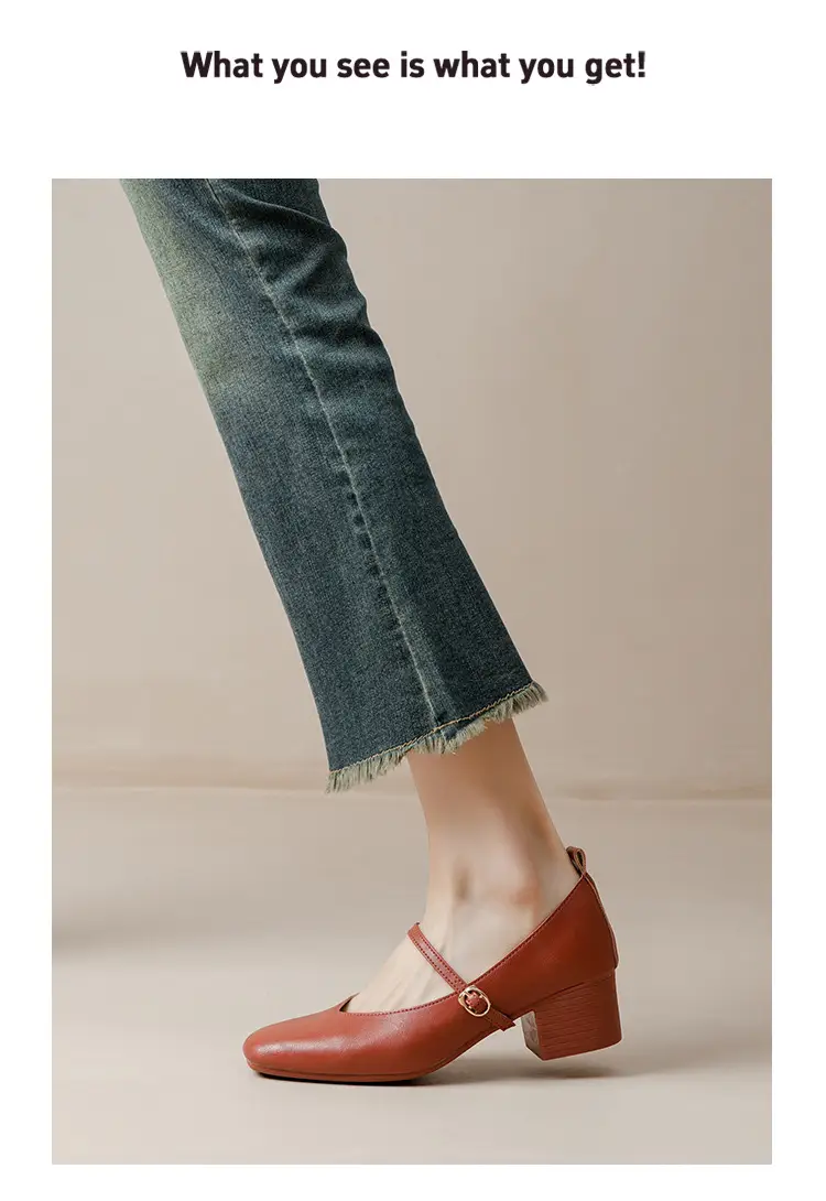 French-Style Buckle Strap Chunky Heel Mary Jane Shoes for Women, New Soft Leather Comfortable Flat Soft-Soled Shallow High-Heeled Shoes — feature 45