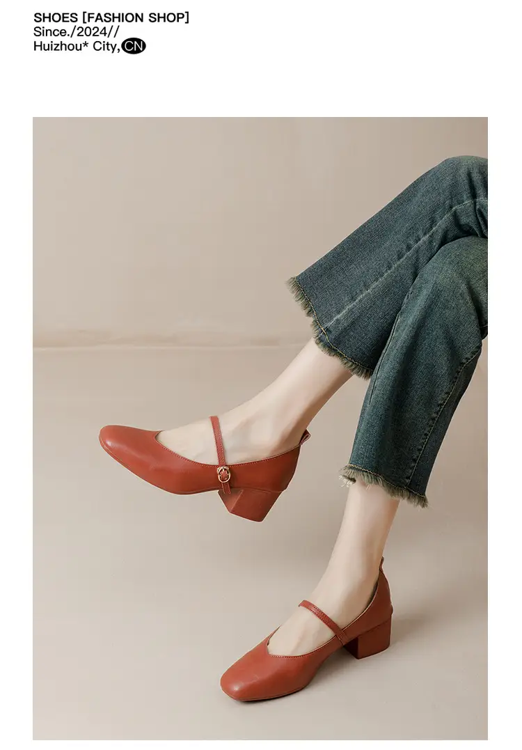 French-Style Buckle Strap Chunky Heel Mary Jane Shoes for Women, New Soft Leather Comfortable Flat Soft-Soled Shallow High-Heeled Shoes — feature 46
