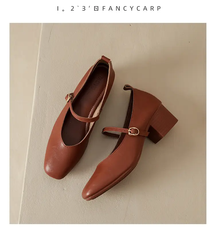 French-Style Buckle Strap Chunky Heel Mary Jane Shoes for Women, New Soft Leather Comfortable Flat Soft-Soled Shallow High-Heeled Shoes — feature 49