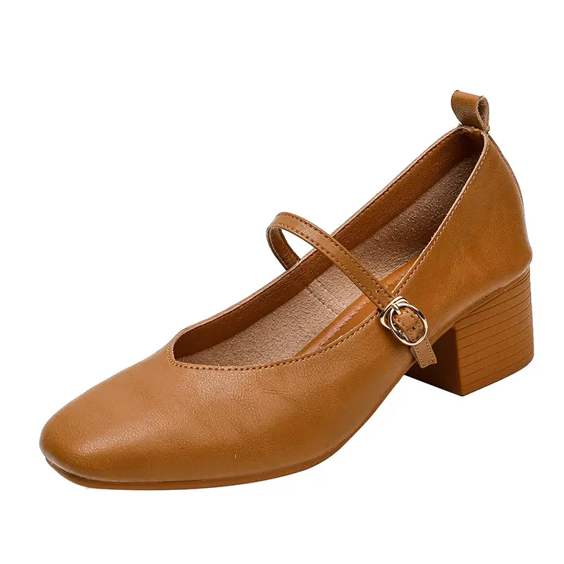 French-Style Buckle Strap Chunky Heel Mary Jane Shoes for Women, New Soft Leather Comfortable Flat Soft-Soled Shallow High-Heeled Shoes - Image 2