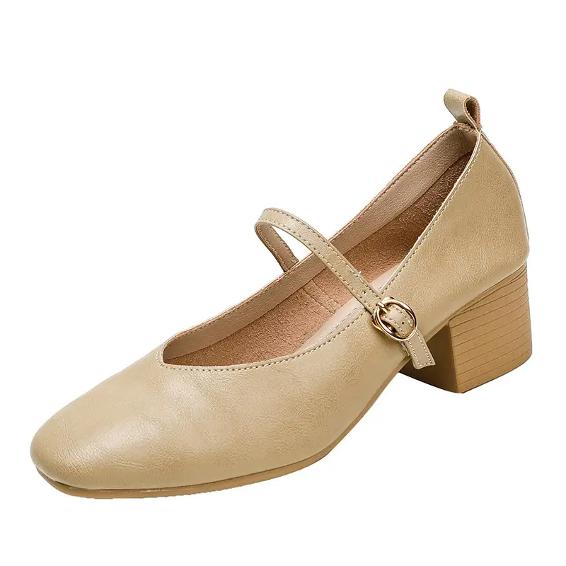 French-Style Buckle Strap Chunky Heel Mary Jane Shoes for Women, New Soft Leather Comfortable Flat Soft-Soled Shallow High-Heeled Shoes - Image 3