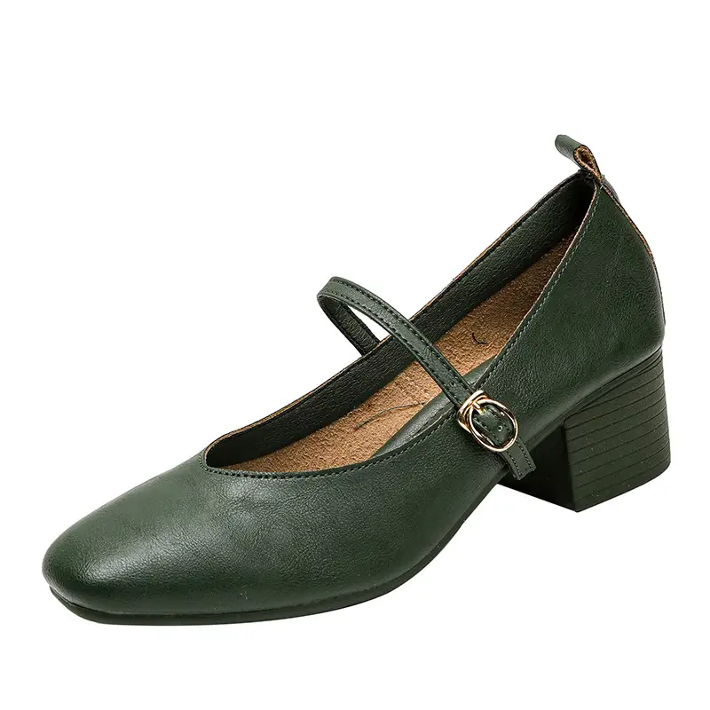 French-Style Buckle Strap Chunky Heel Mary Jane Shoes for Women, New Soft Leather Comfortable Flat Soft-Soled Shallow High-Heeled Shoes - Image 5