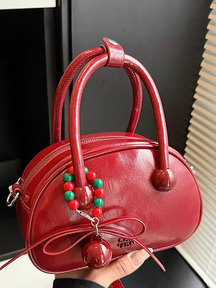 Women's White Satchel Shoulder Bag with Colorful Pom Pom
