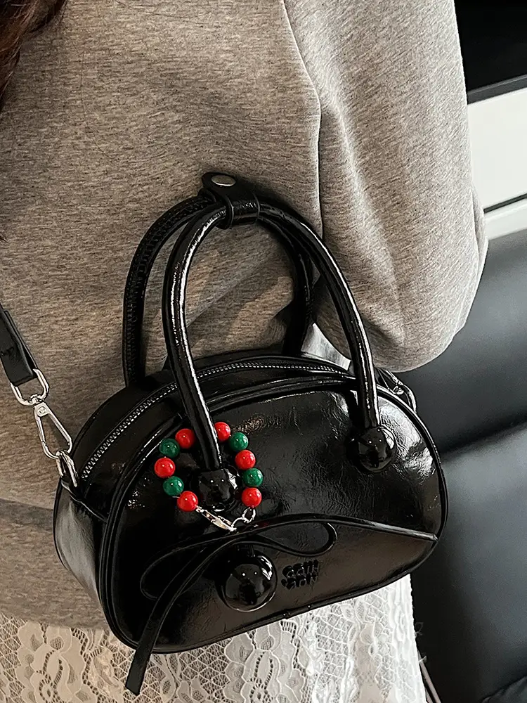 Women's White Satchel Shoulder Bag with Colorful Pom Pom