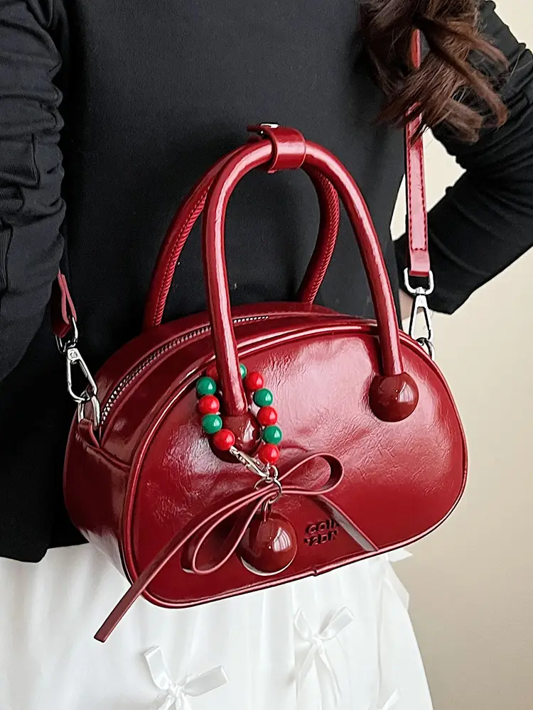 Women's White Satchel Shoulder Bag with Colorful Pom Pom