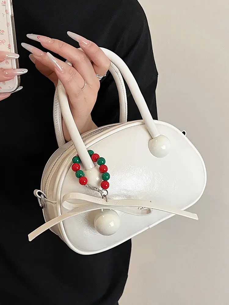 Women's White Satchel Shoulder Bag with Colorful Pom Pom