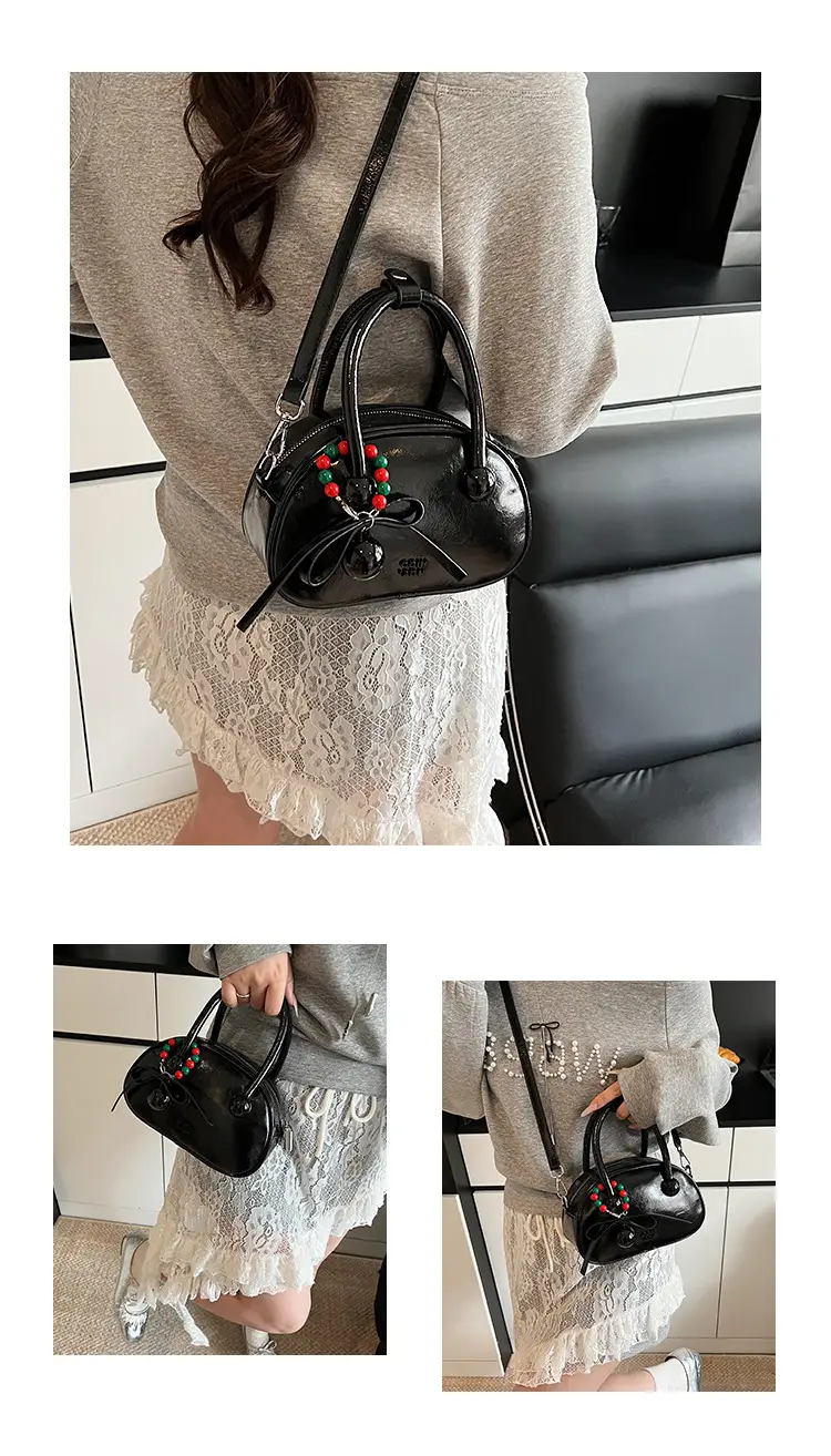 Women's White Satchel Shoulder Bag with Colorful Pom Pom — feature 12