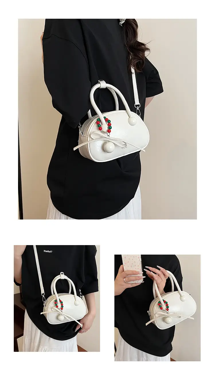 Women's White Satchel Shoulder Bag with Colorful Pom Pom — feature 14