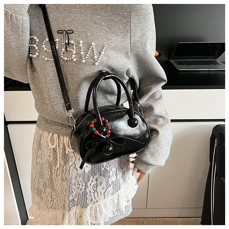 Women's White Satchel Shoulder Bag with Colorful Pom Pom — feature 16