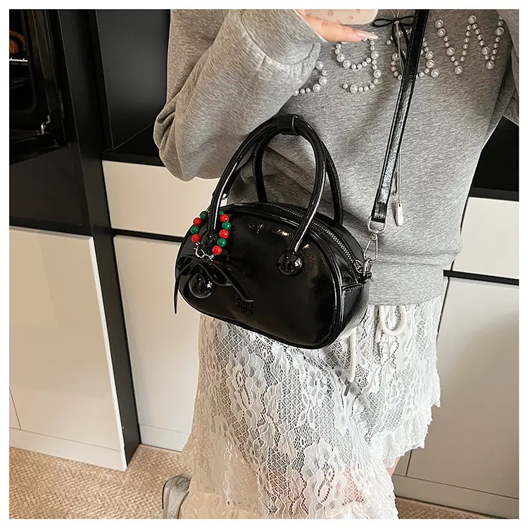 Women's White Satchel Shoulder Bag with Colorful Pom Pom — feature 17