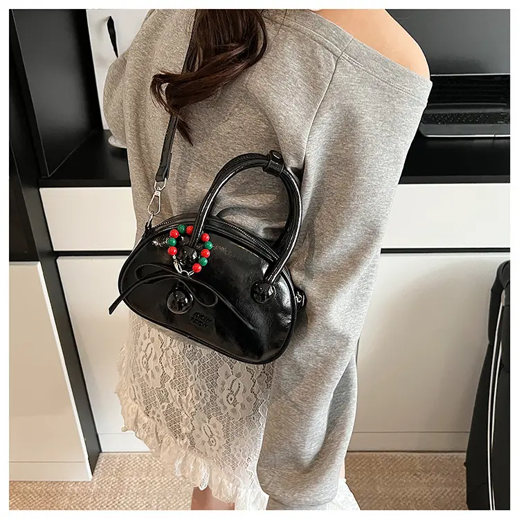 Women's White Satchel Shoulder Bag with Colorful Pom Pom — feature 18