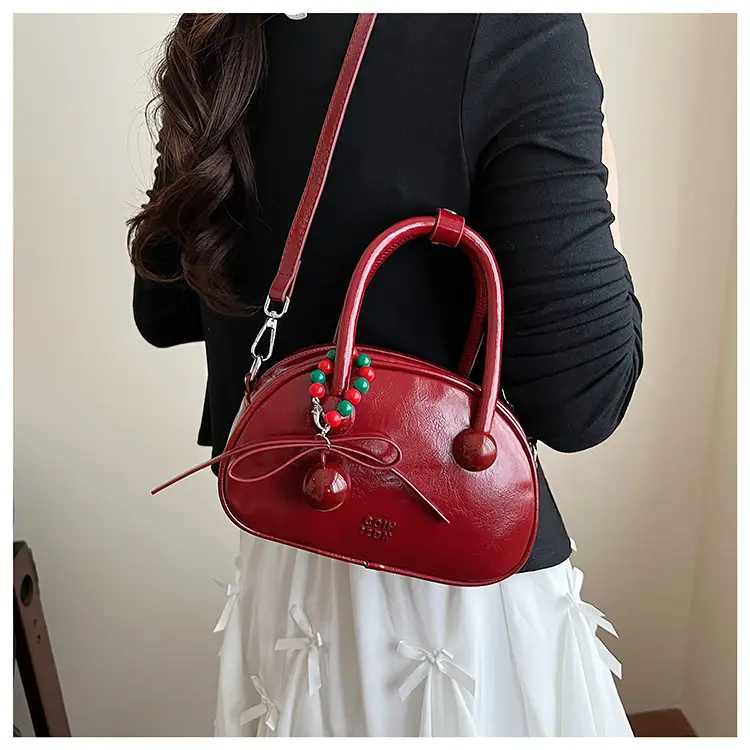 Women's White Satchel Shoulder Bag with Colorful Pom Pom — feature 19