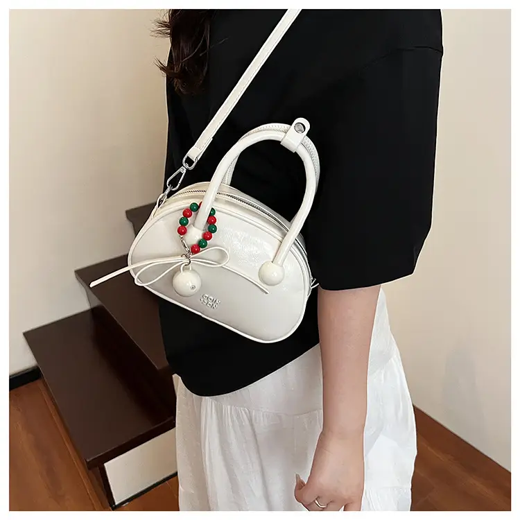 Women's White Satchel Shoulder Bag with Colorful Pom Pom — feature 22