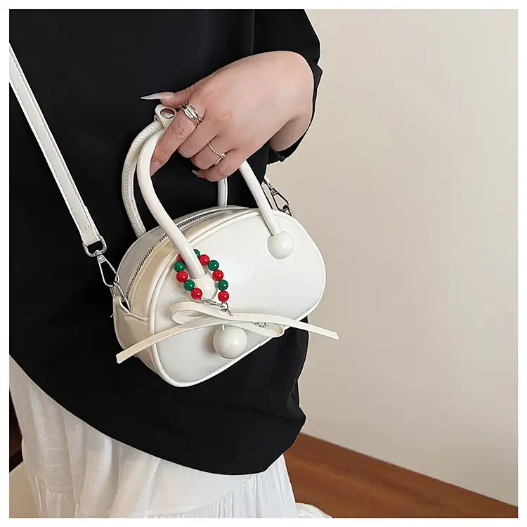 Women's White Satchel Shoulder Bag with Colorful Pom Pom — feature 23