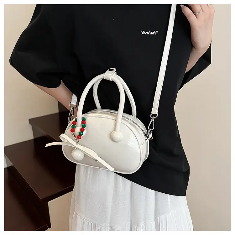 Women's White Satchel Shoulder Bag with Colorful Pom Pom — feature 24