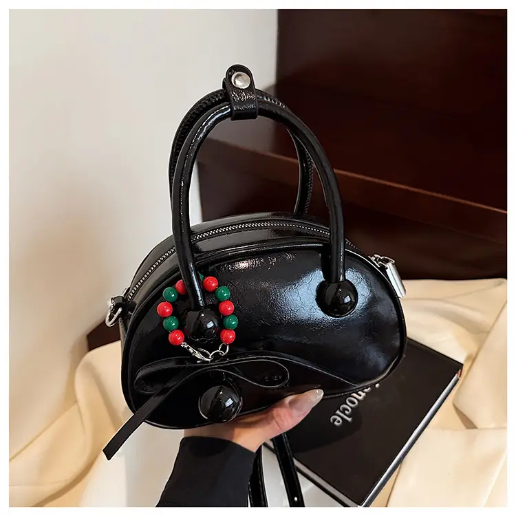 Women's White Satchel Shoulder Bag with Colorful Pom Pom — feature 26