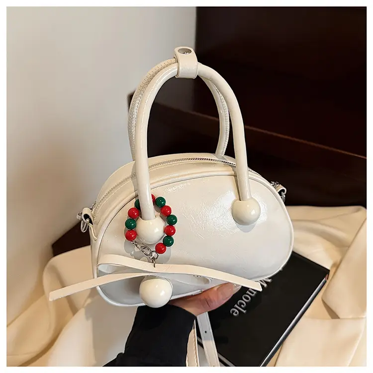 Women's White Satchel Shoulder Bag with Colorful Pom Pom — feature 27