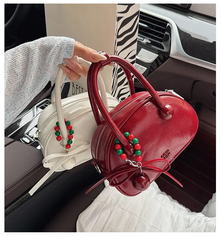 Women's White Satchel Shoulder Bag with Colorful Pom Pom — feature 4