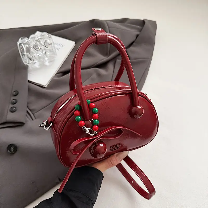 Women's White Satchel Shoulder Bag with Colorful Pom Pom