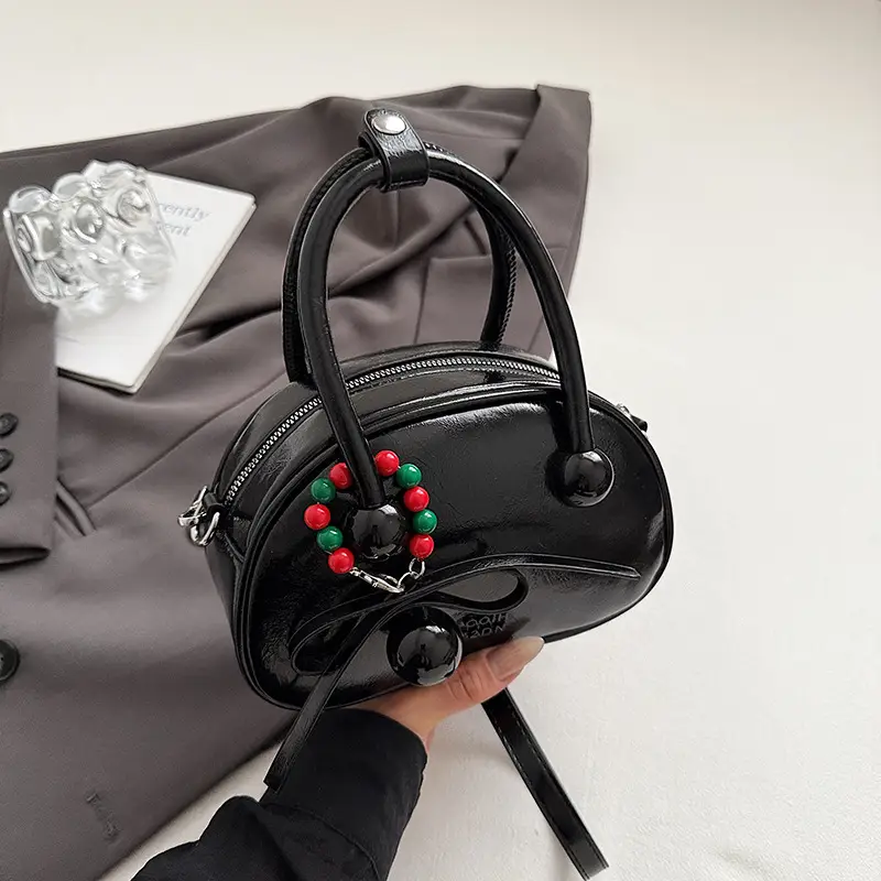 Women's White Satchel Shoulder Bag with Colorful Pom Pom