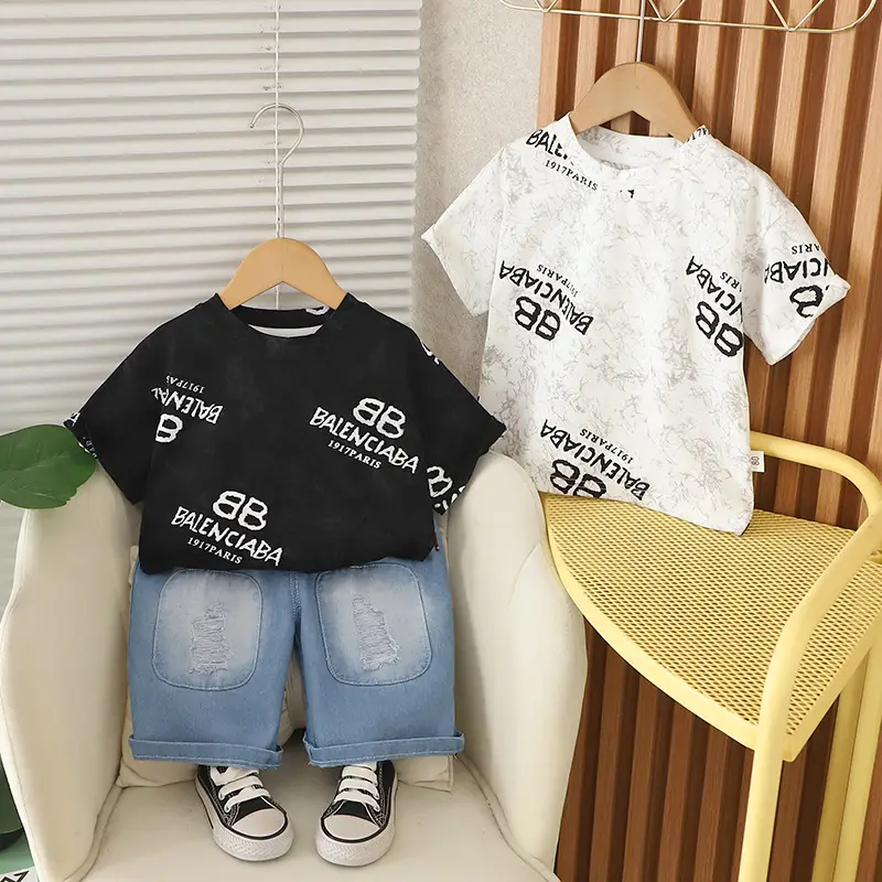 Kids Korean Style White T-Shirt Set with Jeans - Image 3
