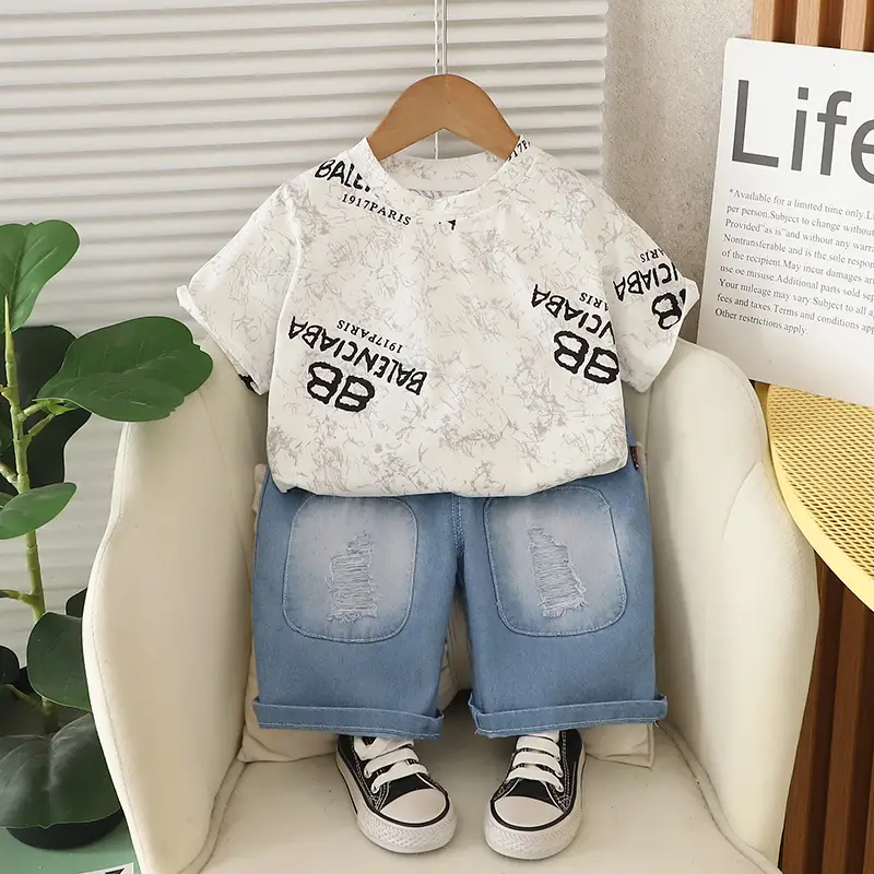 Kids Korean Style White T-Shirt Set with Jeans - Image 2