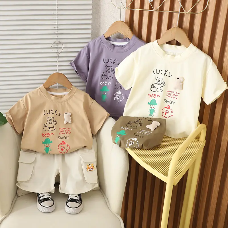 Kids T-Shirt Shorts Set Cream Brown Korean Style - Image 5