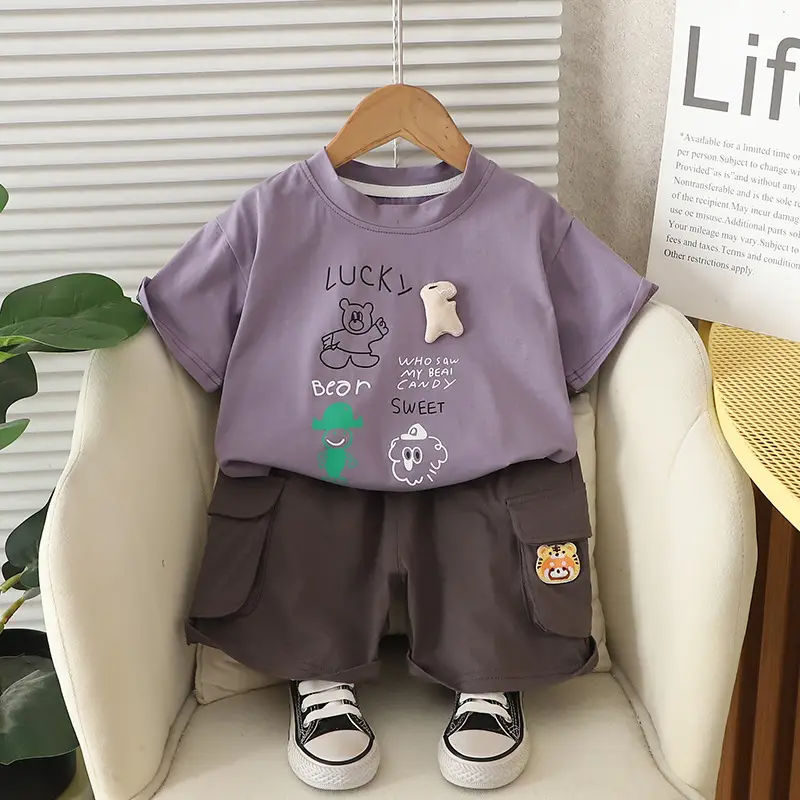 Kids T-Shirt Shorts Set Cream Brown Korean Style - Image 4