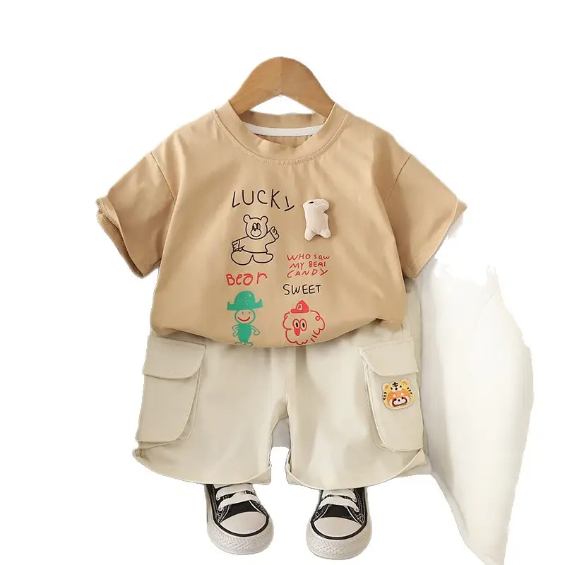 Kids T-Shirt Shorts Set Cream Brown Korean Style - Image 6