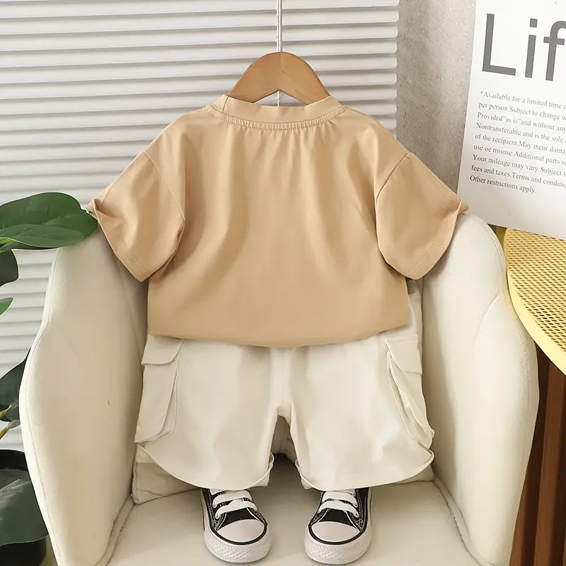 Kids T-Shirt Shorts Set Cream Brown Korean Style — feature 7
