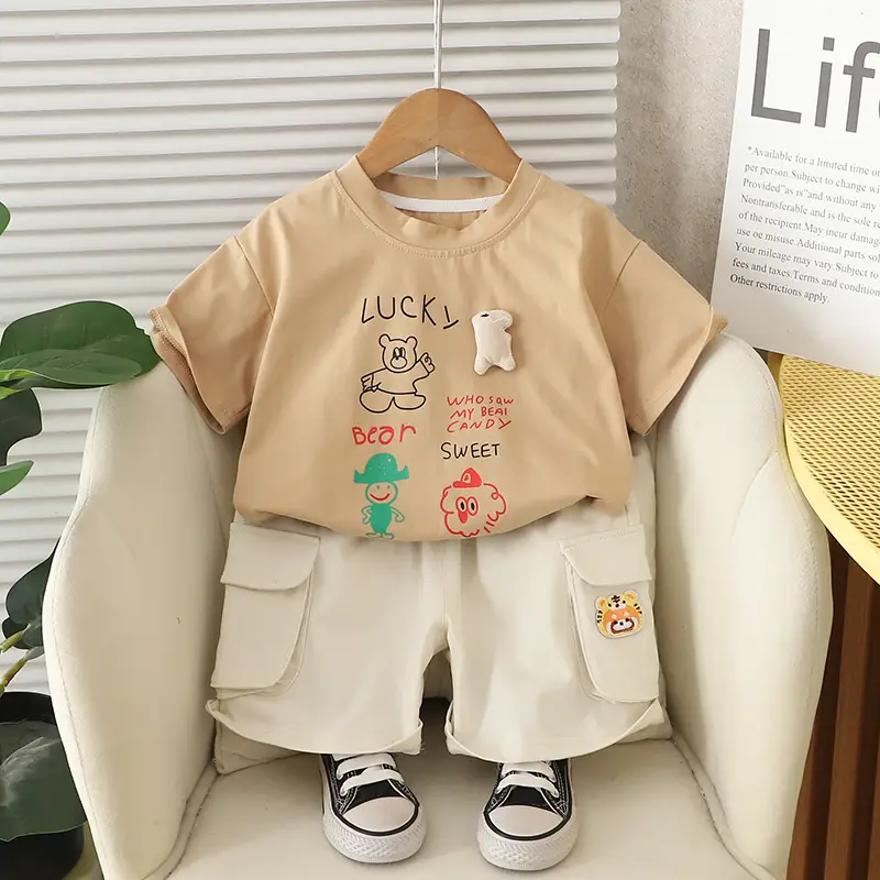 Kids T-Shirt Shorts Set Cream Brown Korean Style - Image 2