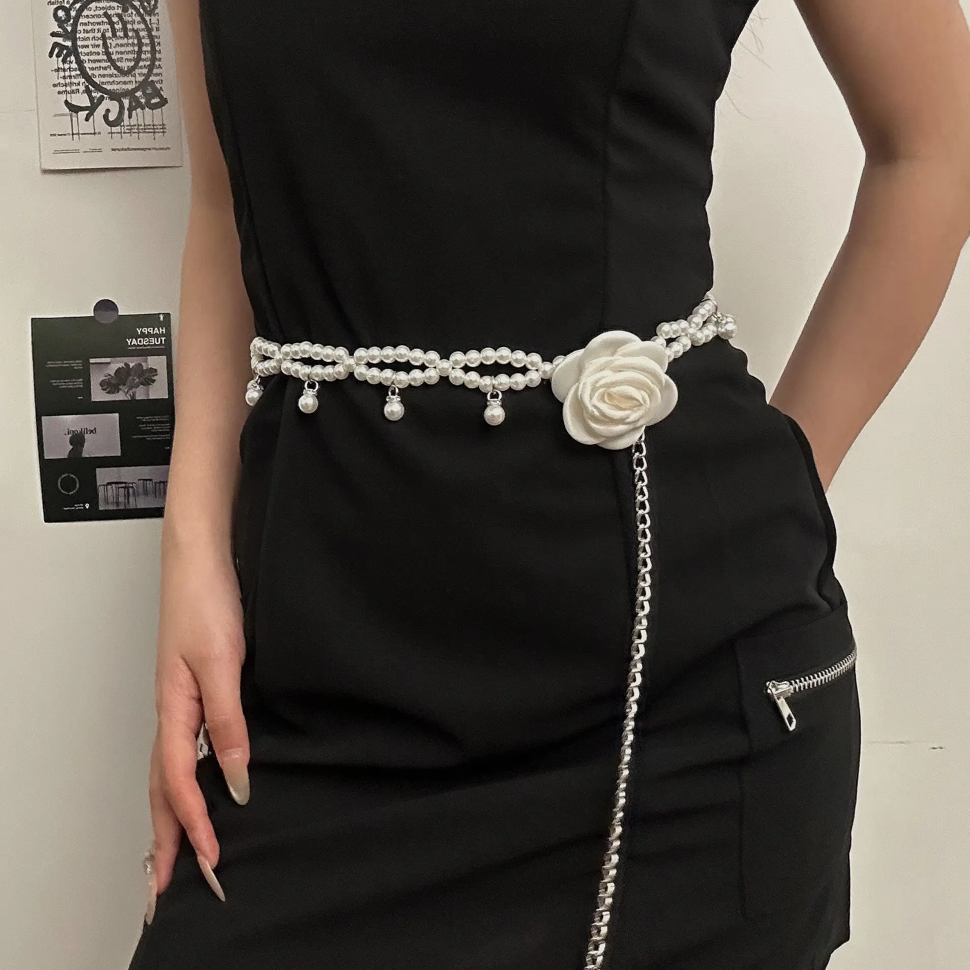 Pearl Beaded Camellia Waist Chain Belt with Han Decor - Image 4