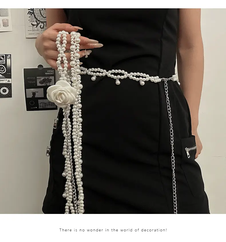Pearl Beaded Camellia Waist Chain Belt with Han Decor — feature 3