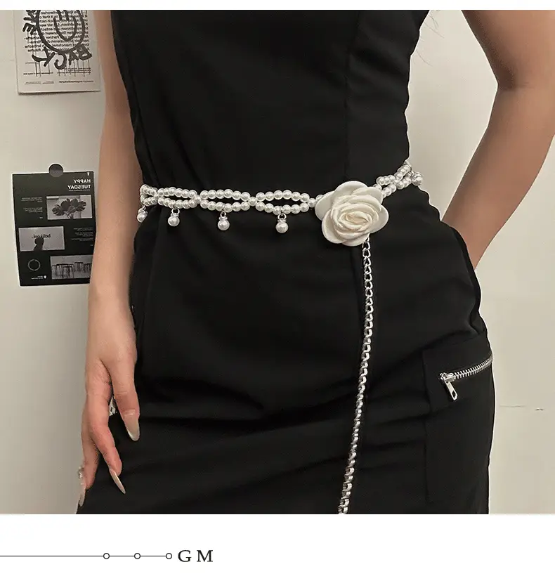Pearl Beaded Camellia Waist Chain Belt with Han Decor — feature 4