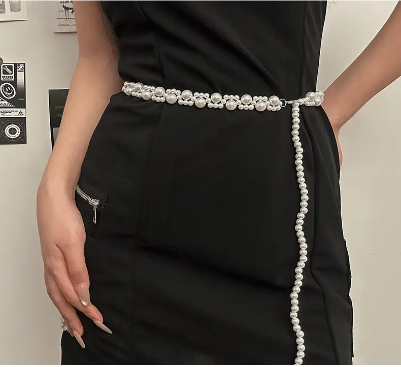 Pearl Beaded Camellia Waist Chain Belt with Han Decor — feature 6