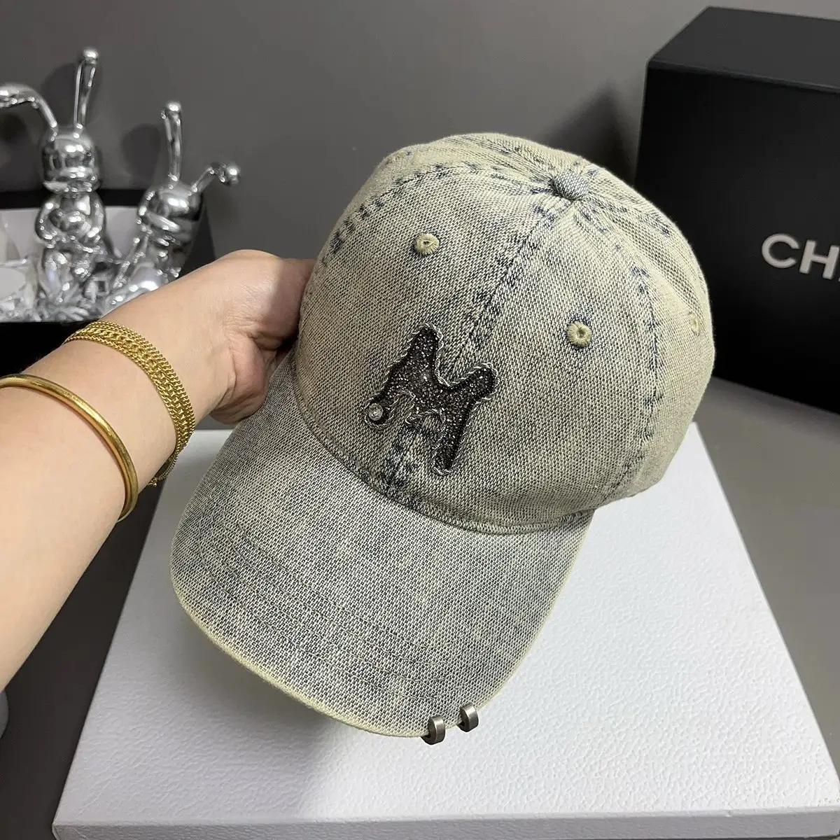 Women Denim Baseball Cap with Rhinestone Embroidery - Image 5