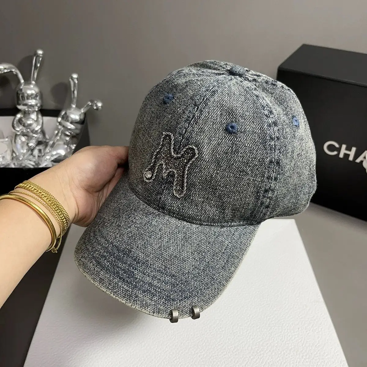 Women Denim Baseball Cap with Rhinestone Embroidery - Image 6