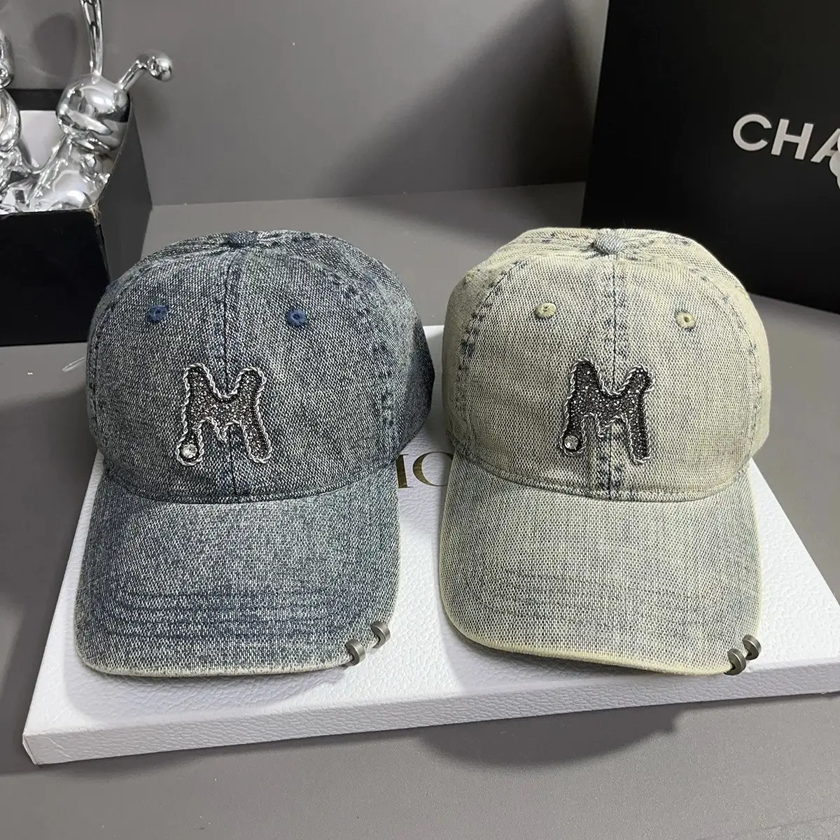 Women Denim Baseball Cap with Rhinestone Embroidery - Image 7